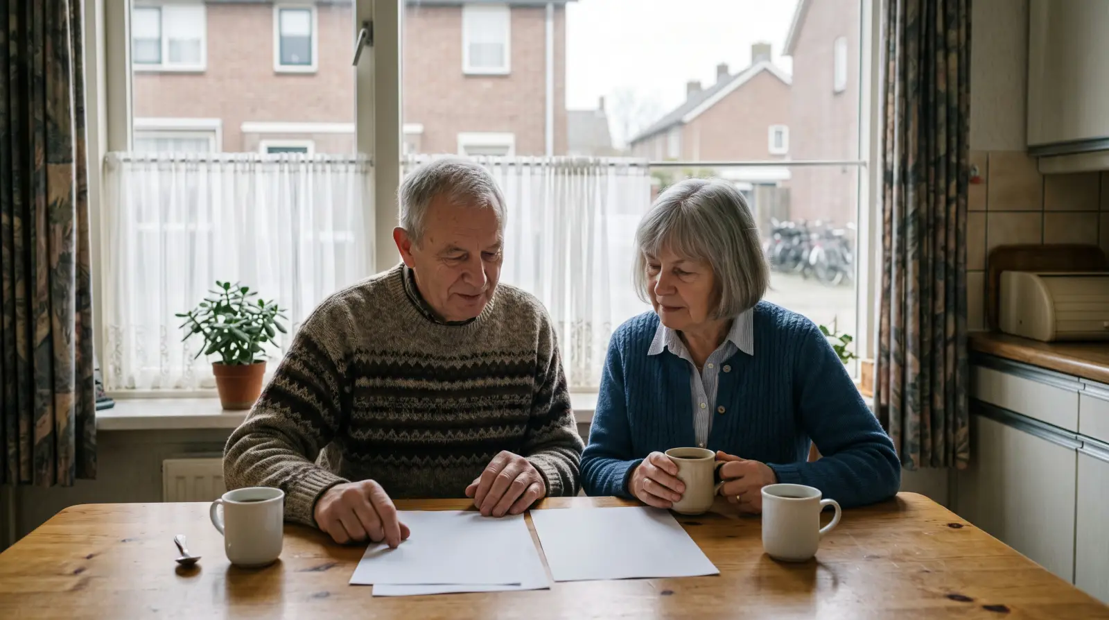 Een Nederlands echtpaar van rond de zeventig bekijkt aan de keukentafel samen een paar blanco vellen papier.